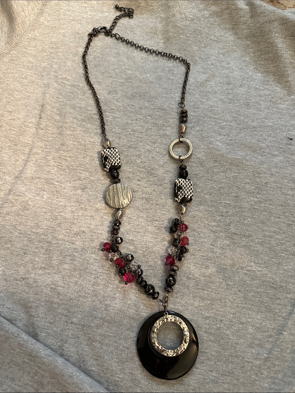 Chicos Long Black and Pink Pendant Necklace